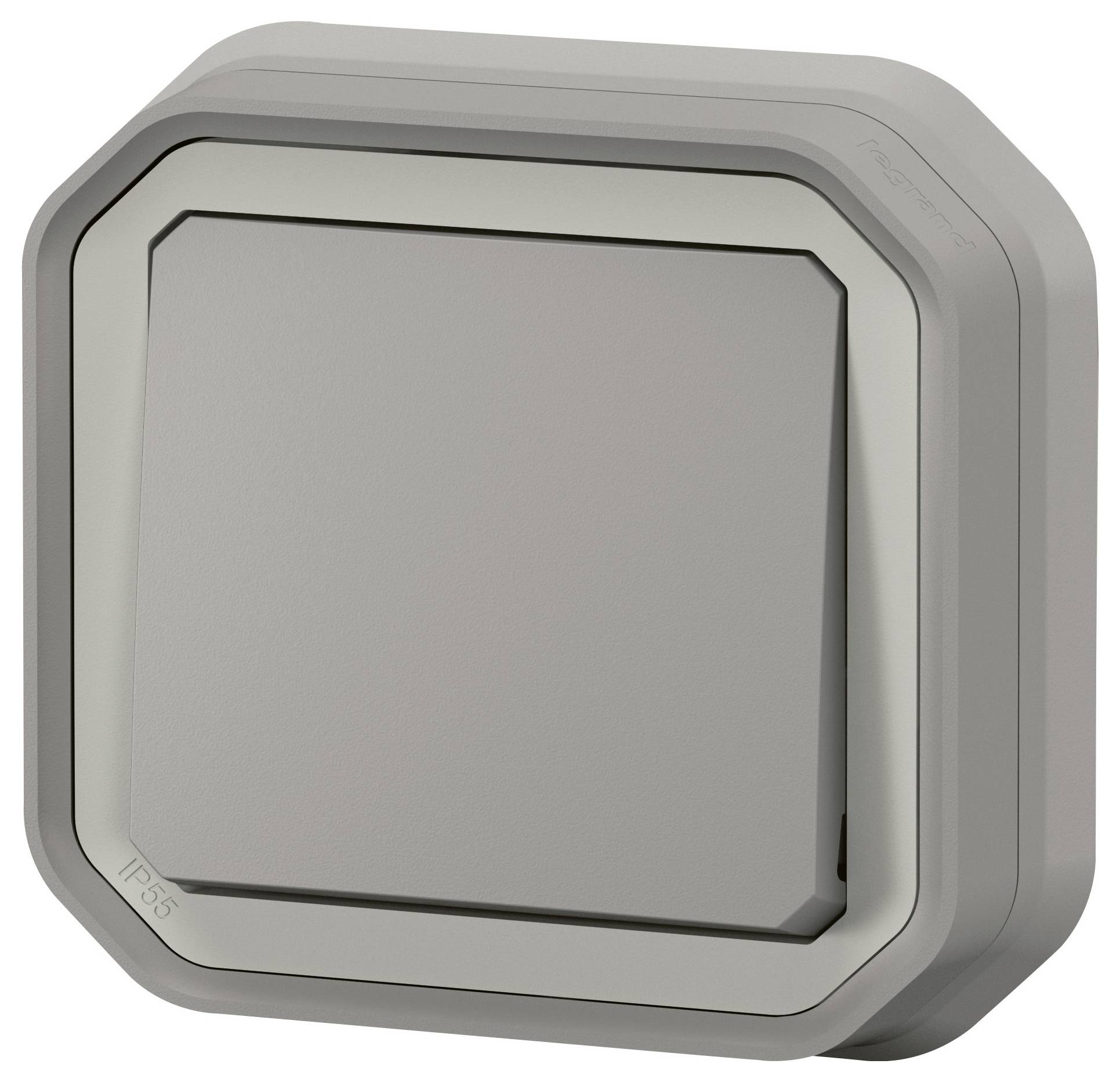 Šedý, čtvercový nástěnný spínač se zkoseným rohy. Vhodný pro použití ve venkovních prostorách díky stupni krytí IP55.