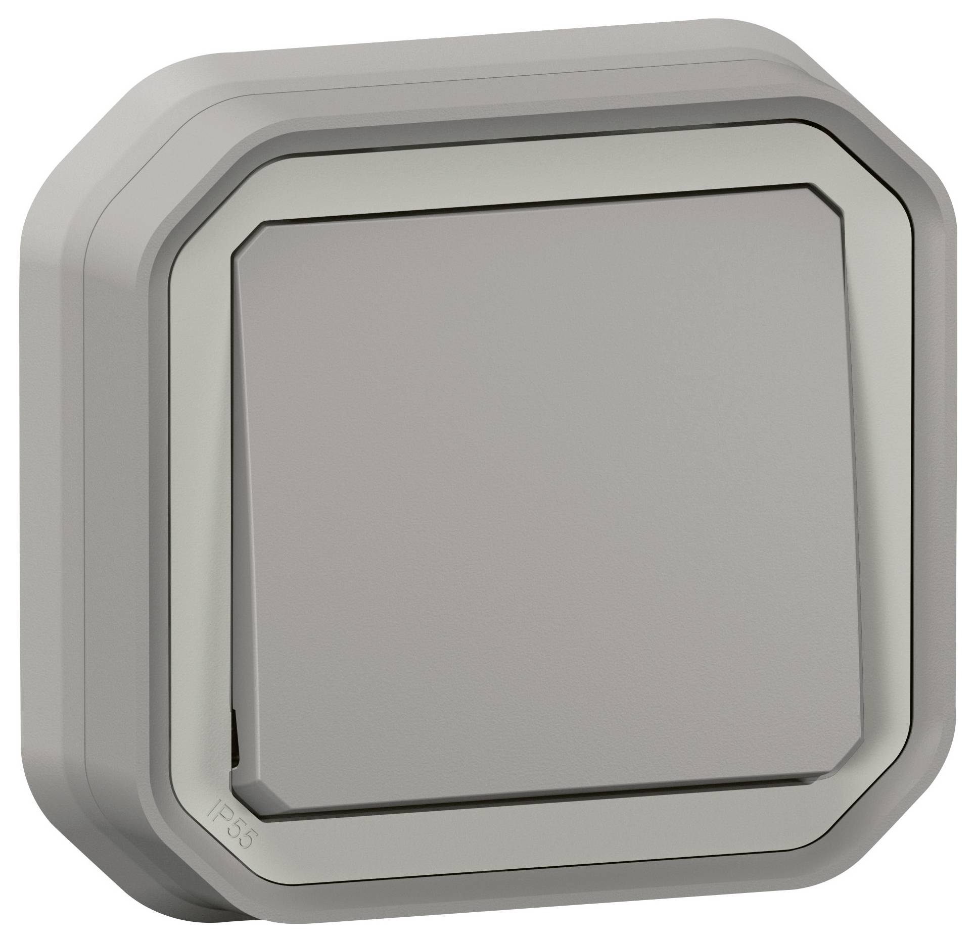 Na obrázku je čtvercový šedý vypínač v minimalistickém designu. Vypínač je namontován na stěně.