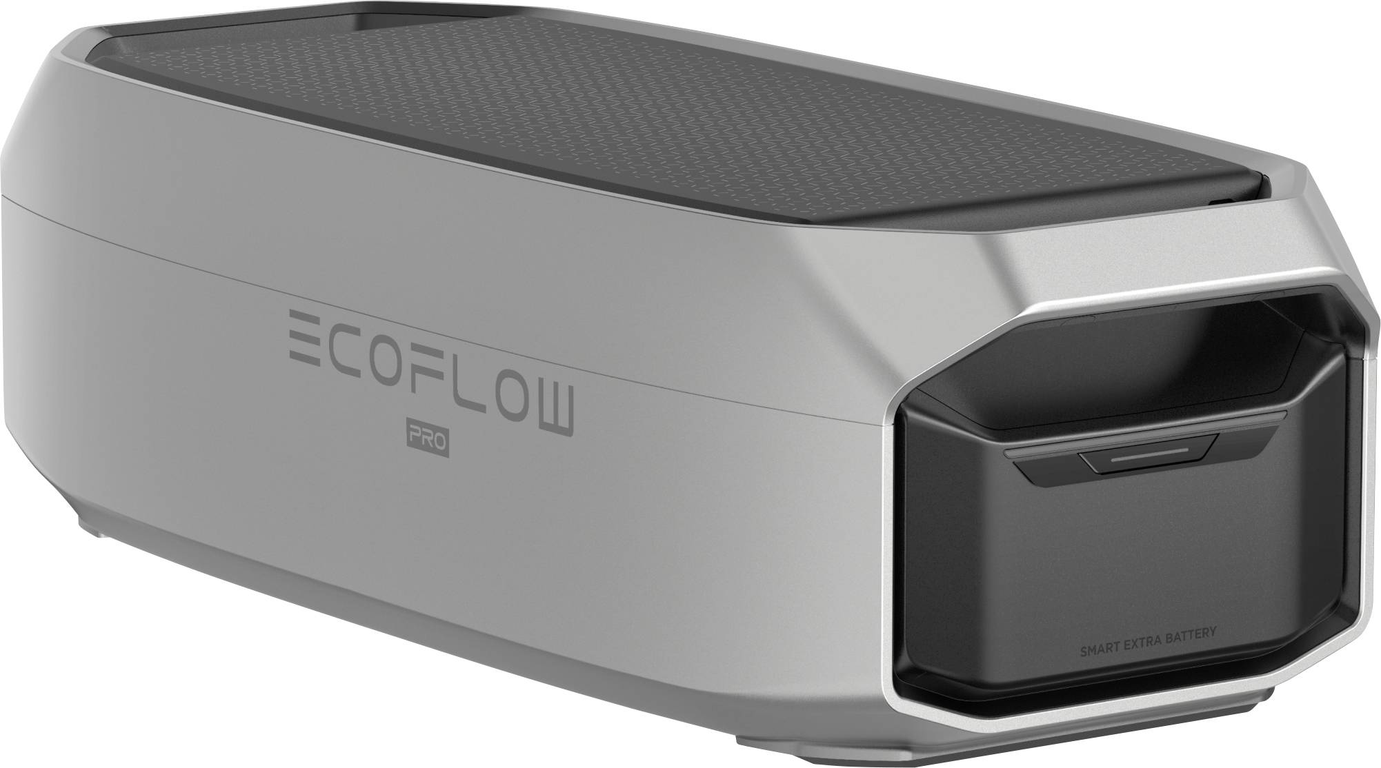 Stříbrné zařízení EcoFlow s obdélníkovým tvarem a černou horní částí. Vykazuje moderní, funkční styl.