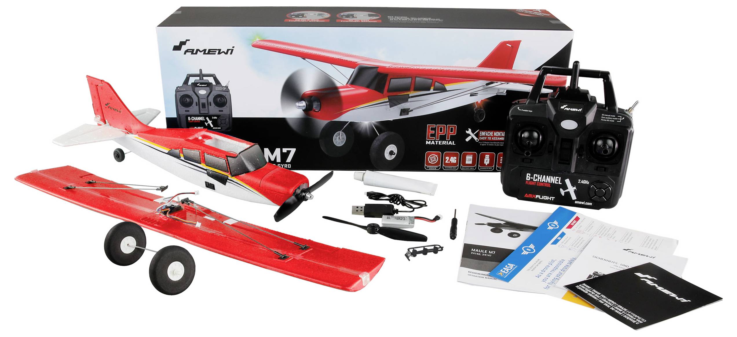 RC modelářská sada letadla s červeným modelem letadla, rádiovým dálkovým ovládáním, náhradními díly a návodem. Obal zobrazuje ilustraci modelu.