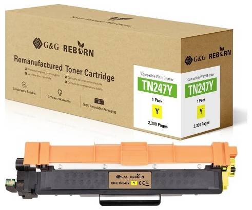 Kompatibilní žlutý toner od G&G Reborn, model TN247Y, vhodný pro tiskárny Brother. Balený v recyklovatelné kartónové krabici.