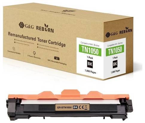 Znovu plněná tonerová kazeta G&G Reborn, model TN1050, kompatibilní s tiskárnami Brother, pro tisk až 1000 stran, černý toner. Balení vyrobeno ze 100% recyklovatelného materiálu.