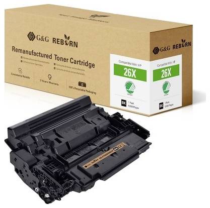 Repasovaná tonerová kazeta G&G, model 26X v černé barvě. Na pozadí je viditelné balení s logem značky a zárukou.