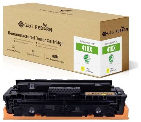 Renovovaná tonerová kazeta G&G Reborn, model 410X, kompatibilní s HP. Balení zobrazuje kompatibilitu a kapacitu.
