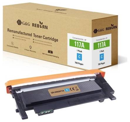 Tonerová kazeta s obalem. Značka: G&G Reborn. Model: 117A Cyan. Kompatibilní s HP. Výtěžnost: 700 stran. 3 roky záruka.