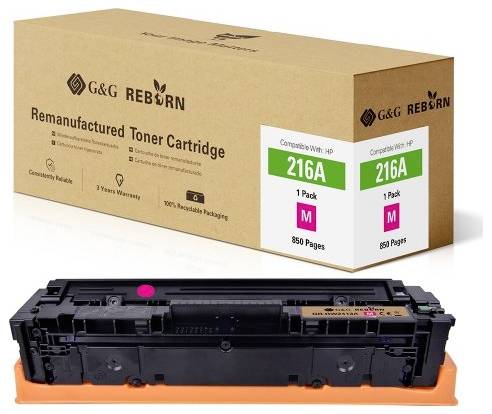 Tonerová kazeta a obal 'G&G Reborn Remanufakturovaná tonerová kazeta', kompatibilní s HP, model 216A, purpurová, pro 850 stran.
