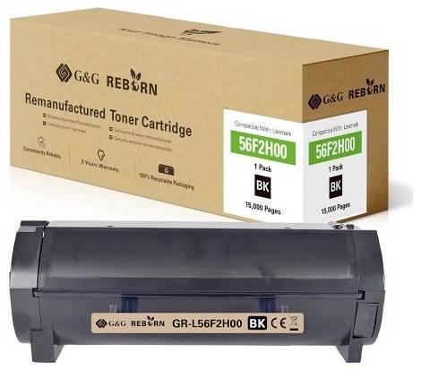 Renovovaná tonerová kazeta G&G REBORN, kompatibilní s Lexmark 56F2H00, pro 15.000 černobílých stran. Obsahuje záruční údaje.