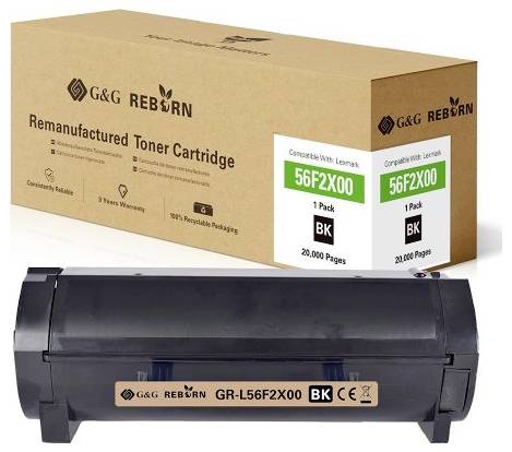 Repasovaná tonerová kazeta G&G Reborn v krabici. Kompatibilní s Lexmark 56F2X00, tiskne 20 000 černobílých stran.