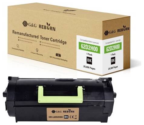 Obrázek zobrazuje recyklovanou tonerovou kazetu značky G&G Reborn s modelovým číslem 62D2H00. Balení slibuje 25 000 stran.