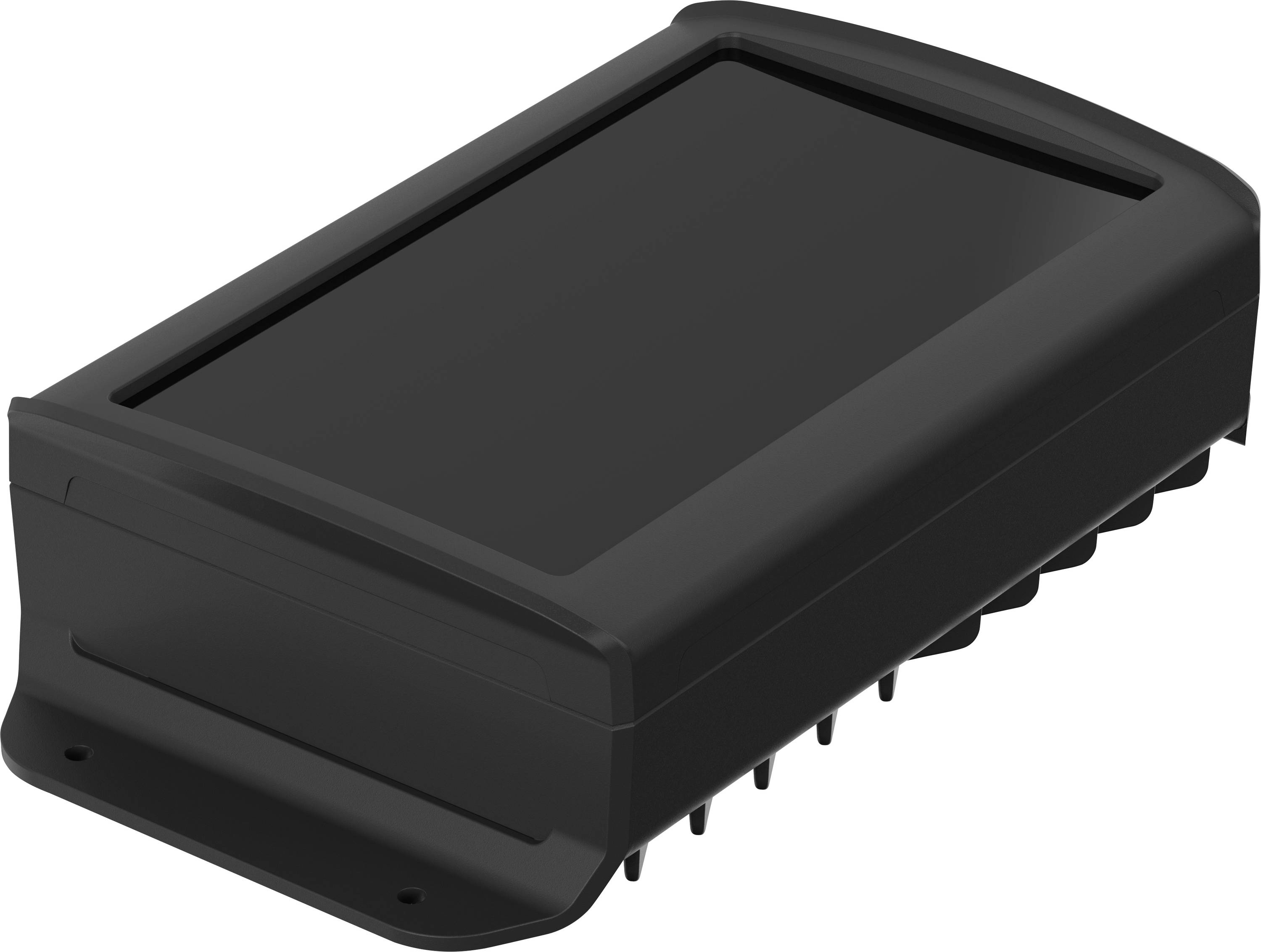 Černé, obdélníkové elektronické zařízení se zaoblenými hranami, pravděpodobně kryt nebo modul pro technické aplikace.