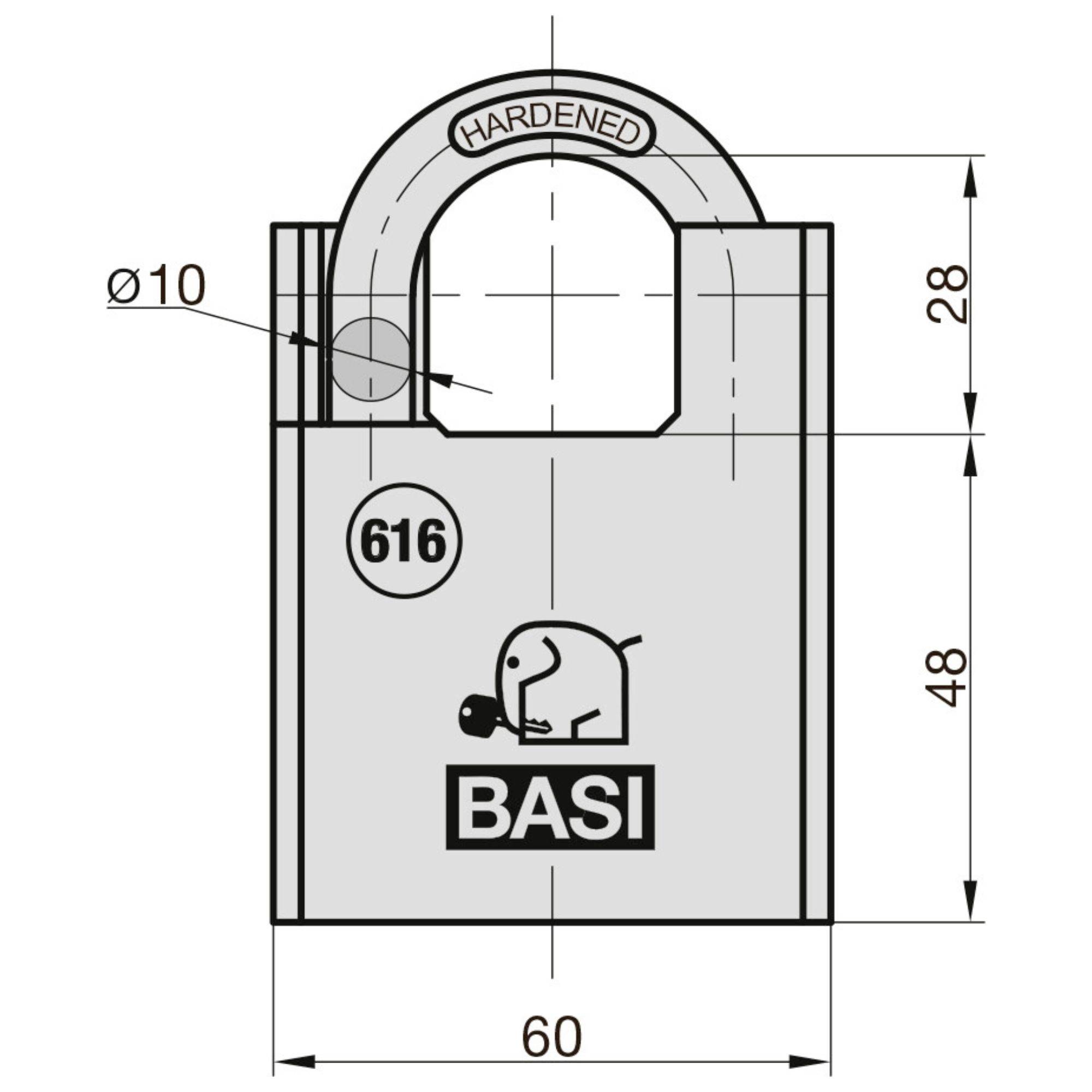 Zámek o šířce 60 mm a výšce 48 mm, s kulatým 28mm třmenem. Označení: 616. Logo: Slon s nápisem BASI.