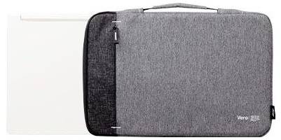 Šedý obal na notebook vedle bílého laptopku. Obal má zip a horní rukojeť. Viditelný název značky 'Vero'.