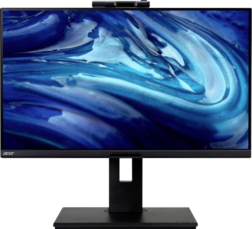 Počítačový monitor s abstraktním modrým vlnitým vzorem na obrazovce, umístěný na černém stojanu.