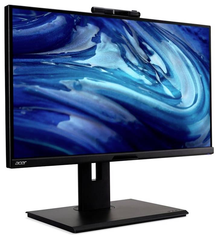 Počítačový monitor s abstraktním modrým vzorem na displeji. Monitor je umístěn na černém stojanu.