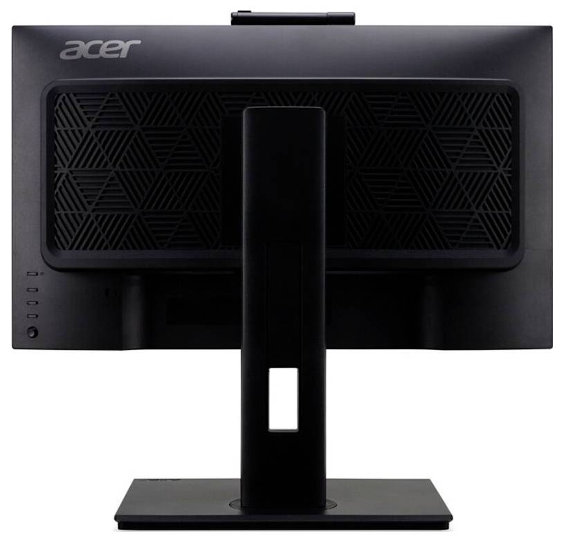 Pohled zezadu na černý monitor Acer s trojúhelníkovým vzorem. Stojan podporuje nastavení polohy monitoru.