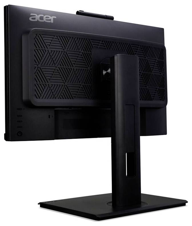 Pohled zezadu na černý monitor Acer s pevnou základnou a geometrickým vzorem na zadní straně.