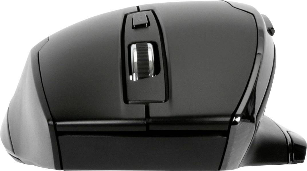 Bezdrátová černá počítačová myš s ergonomickým designem, boční opěrkou pro palec, kolečkem a dvěma tlačítky na horní straně.