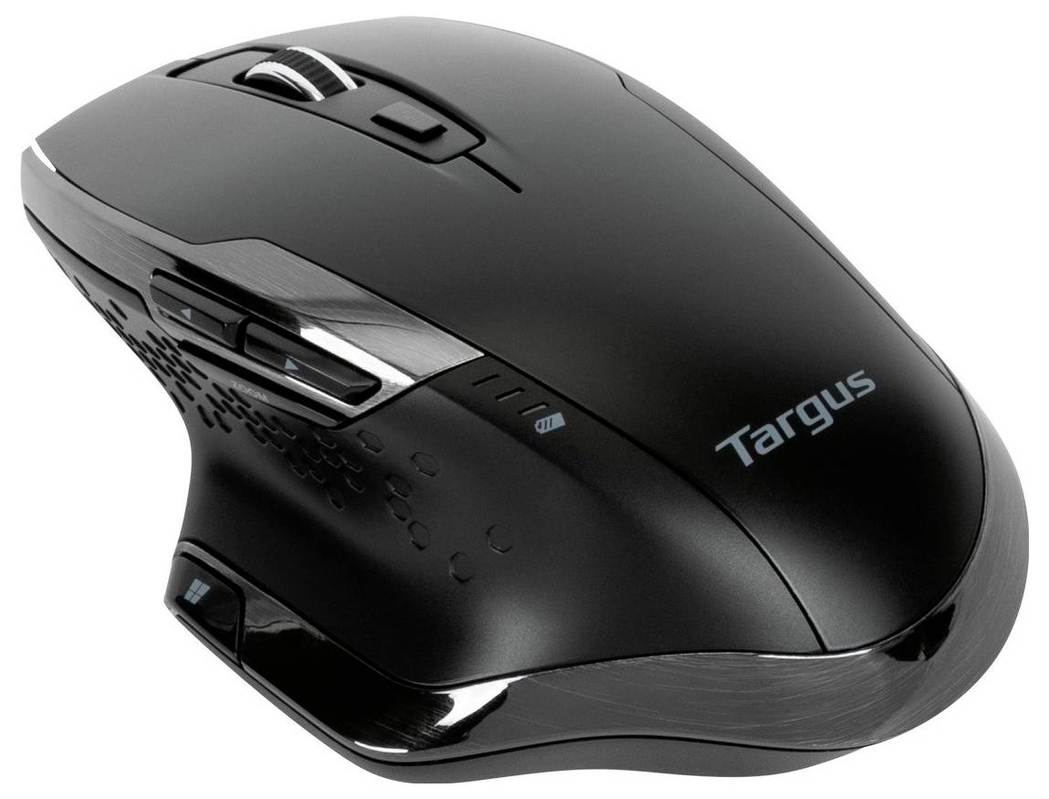 Černá bezdrátová počítačová myš od Targus, ergonomický design, s postranními tlačítky a rolovacím kolečkem. Ideální pro pohodlnou práci.