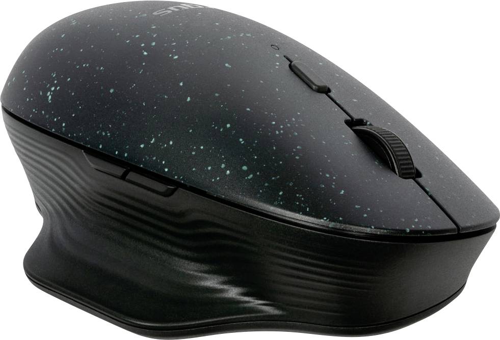 Bezdrátová ergonomická myš s černým tělem a zeleně mramorovaným designem, postranními tlačítky a kolečkem pro posun.