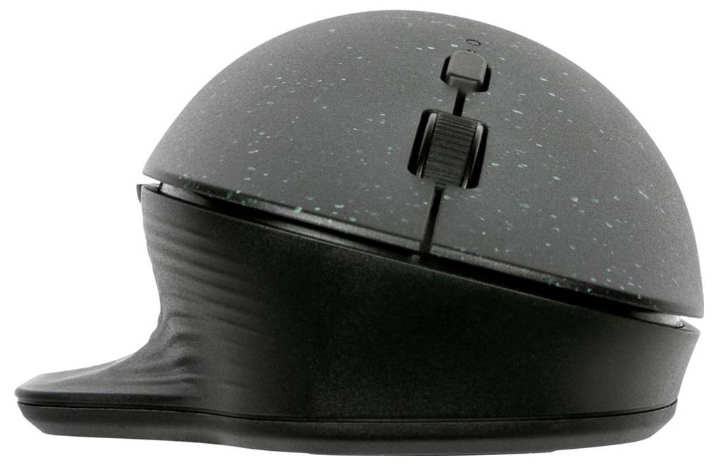Ergonomická myš s vertikálním designem, texturovaným povrchem a opěrkou pro palec, zobrazená z boku.