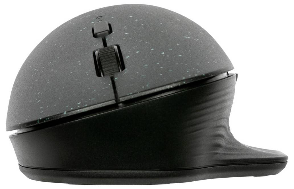 Ergonomická počítačová myš s bočním podpěrným madlem a vertikálním rolovacím kolečkem, optimalizovaná pro komfort a podporu zápěstí.