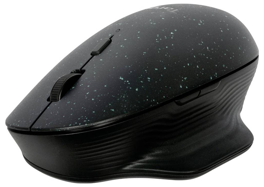 Bezdrátová černá počítačová myš s modrými skvrnami, ergonomický design, boční tlačítko a rolovací kolečko.
