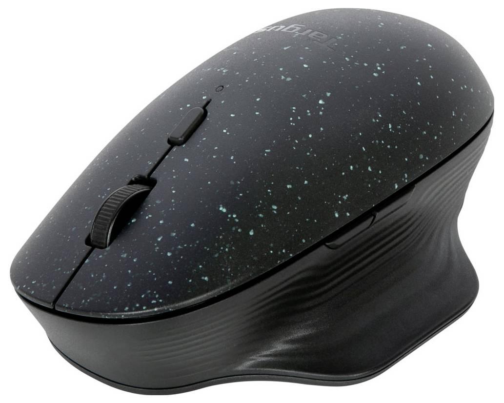 Černá ergonomická počítačová myš s modrými skvrnami, postranními tlačítky a kolečkem pro posun, umístěná na bílém pozadí.