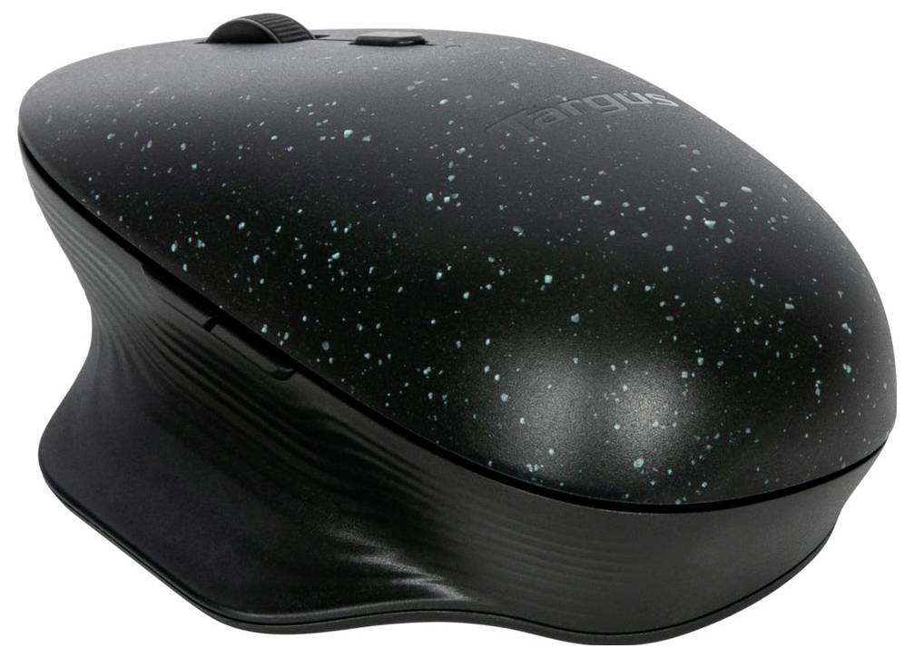 Černá ergonomická počítačová myš s modrými skvrnami, zahnutý tvar pro pohodlné ovládání.