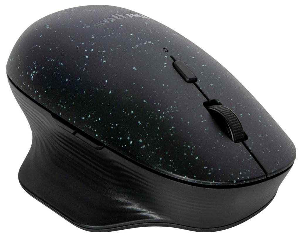 Černá bezdrátová počítačová myš s modro-zeleným mramorováním, ergonomicky tvarovaná, vybavená kolečkem pro posun a dvěma tlačítky.