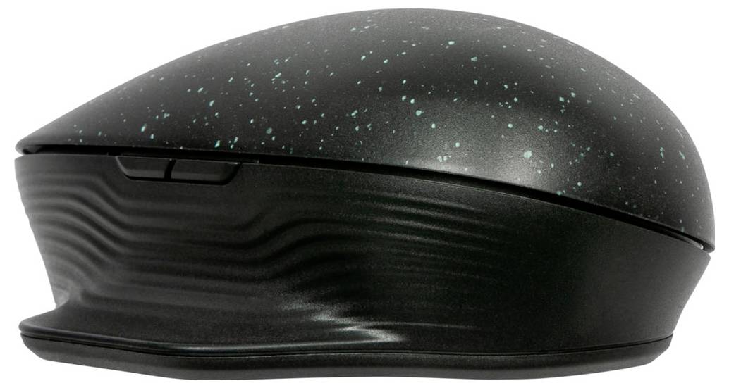 Ergonomická bezdrátová myš s lehce strukturovaným černým tělem a tyrkysovými skvrnami na horní straně.