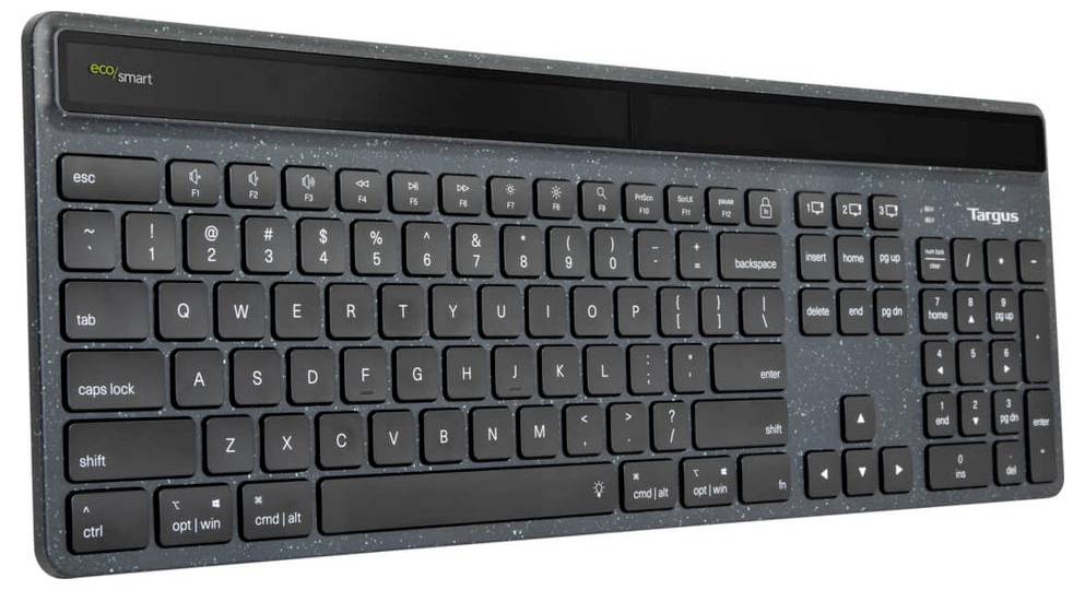 Bezdrátová černá klávesnice s kompletním rozložením včetně numerické klávesnice. Vypínač a USB port umístěny na zadní straně.