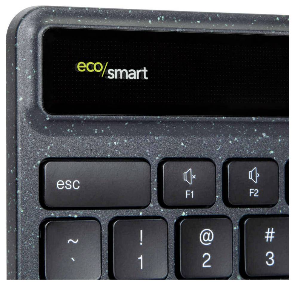 Horní pravý roh černé klávesnice s nápisem 'eco/smart'. Zaměření na klávesy 'esc', F1, F2 a F3.