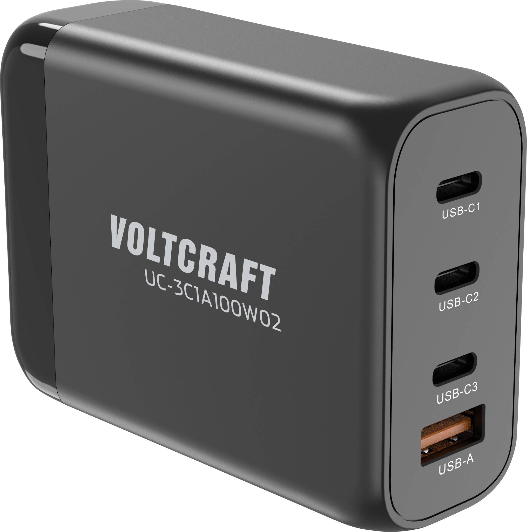 Černá nabíječka se třemi USB-C a jedním USB-A portem, vlevo označená štítkem 'VOLTCRAFT' s modelovým číslem 'UC-3C1A100W02'.