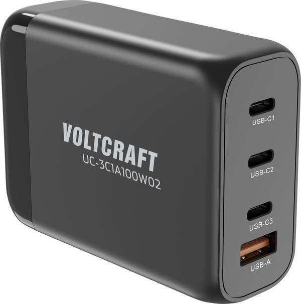 VOLTCRAFT UC-3C1A100W02 USB nabíječka, GaN, USB Power Delivery (USB-PD) , Rychlonabíječka, 3x USB-C®, 1x USB A , 100 W, Dodávka energie, černá