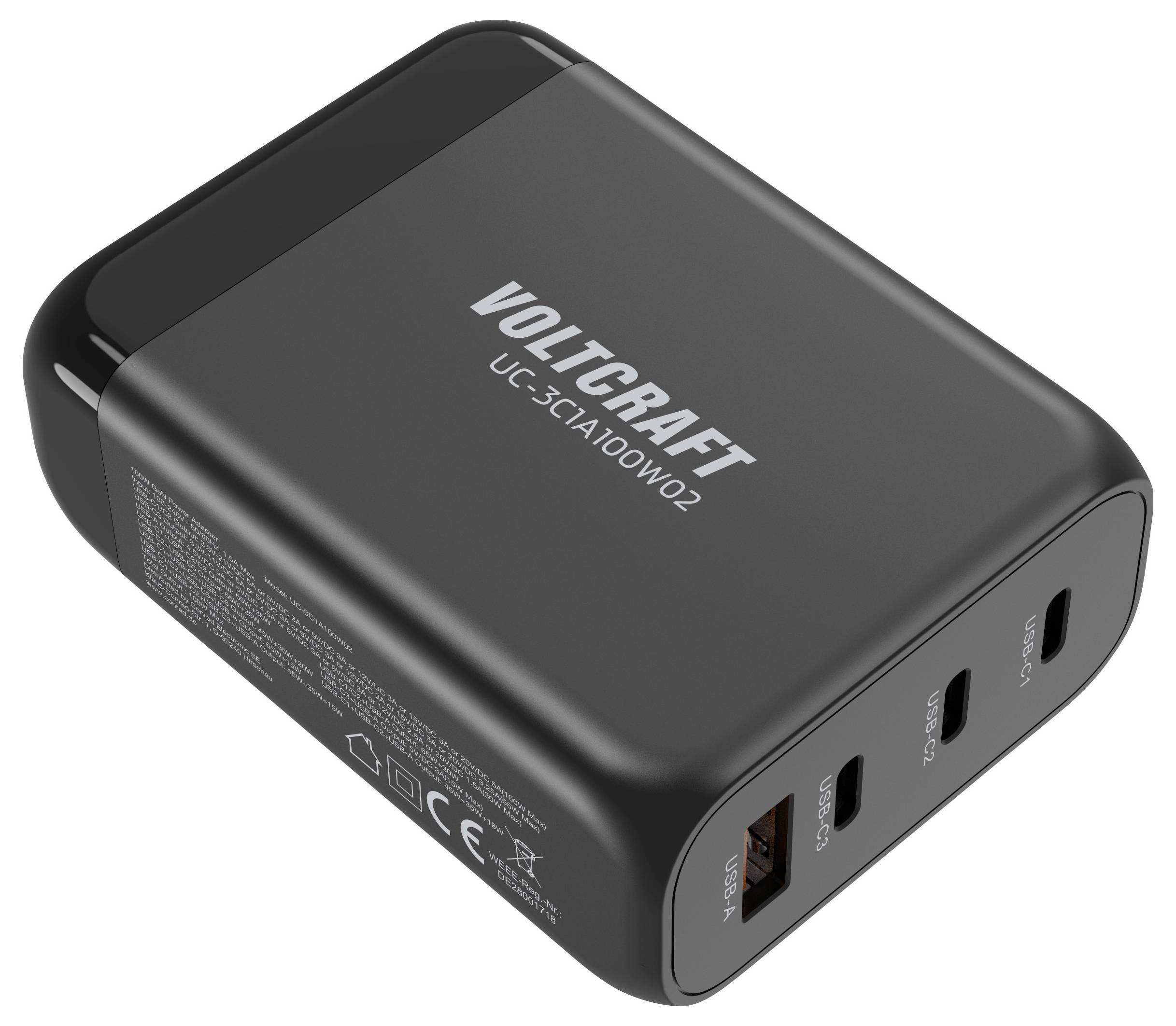 Černá nabíječka Voltcraft se třemi USB porty, včetně jednoho USB-C Power Delivery portu. Značení na horní straně.