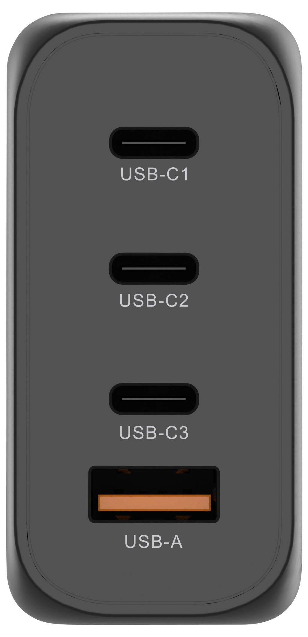 Černá nabíječka se třemi USB-C porty (USB-C1, USB-C2, USB-C3) a jedním USB-A portem.
