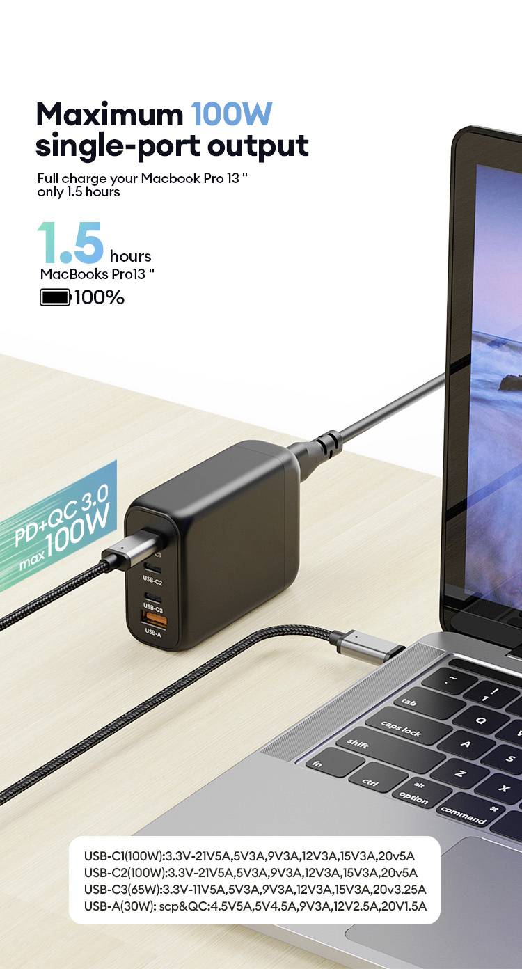 Nabíjecí adaptér propojený s USB kabelem k laptopu. Text uvádí maximální výkon 100 W, vhodný pro MacBook Pro.