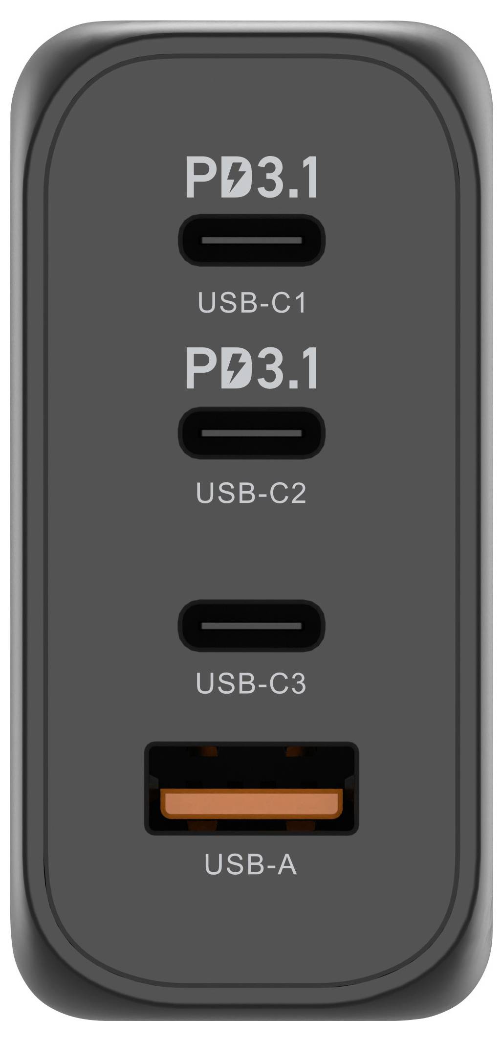 Nabíjecí systém se čtyřmi konektory: dva USB-C PD3.1 a jeden USB-C, jeden USB-A. Černý design, kompaktní a funkční.