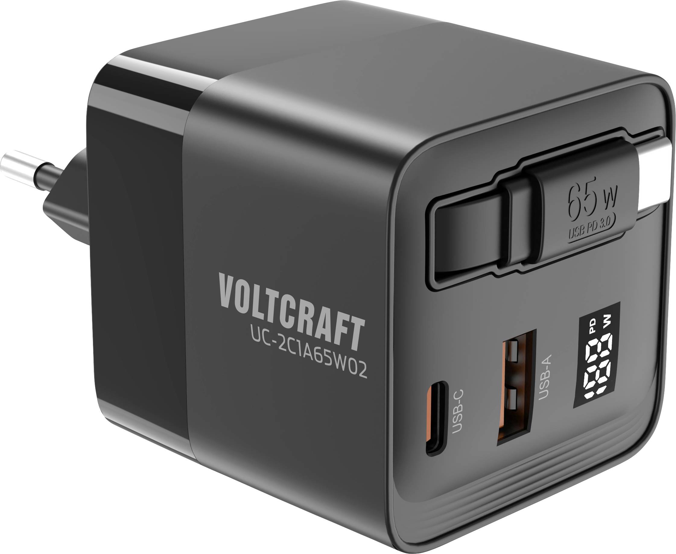 Černá USB nabíječka se dvěma porty (USB-C, USB-A), s LED indikátorem a výkonem 65W. Označení: 'VOLTCRAFT UC-2C1A65W02'.