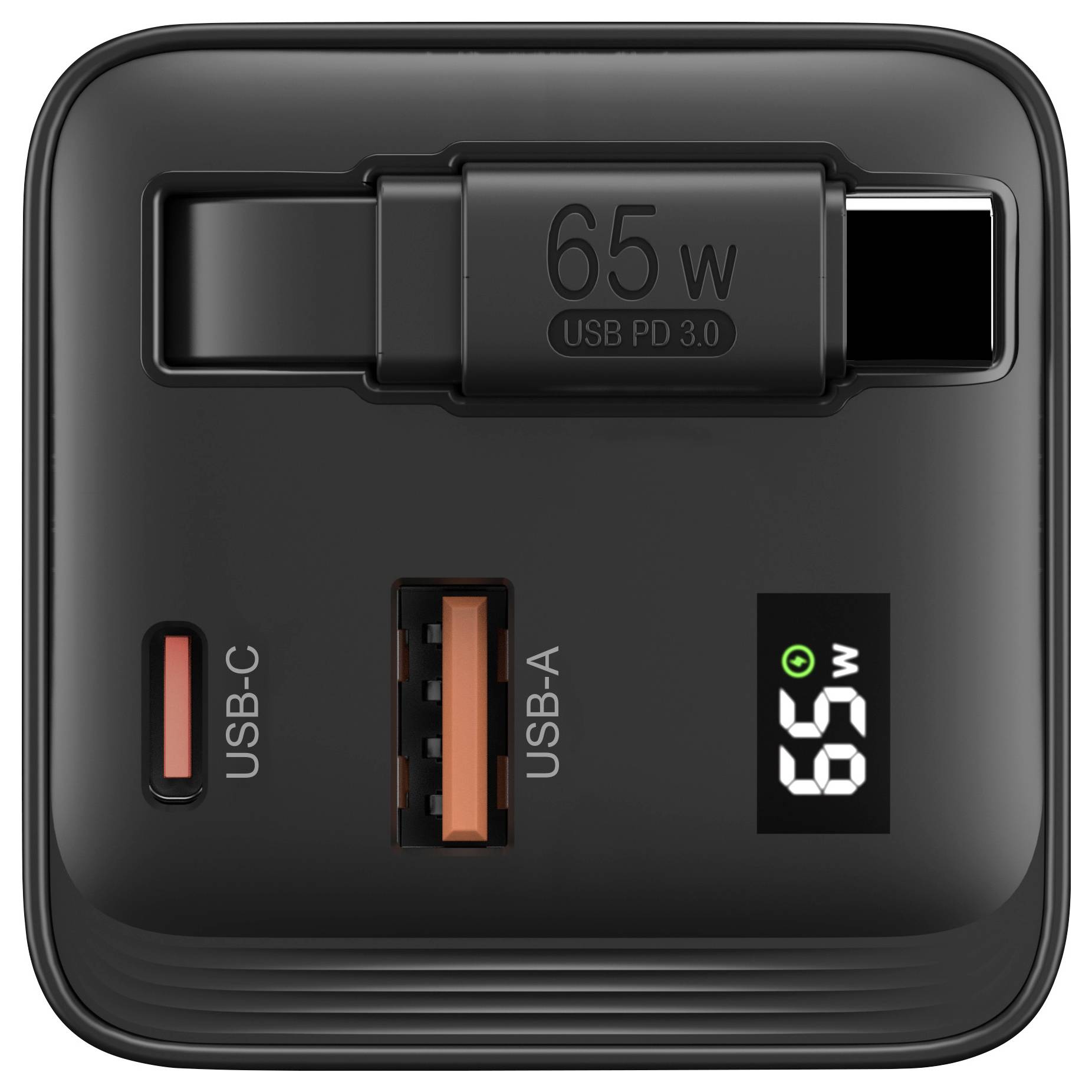 Černá nabíječka s konektory: USB-C (65 W) a USB-A. LCD displej zobrazuje '65 W'. Ideální pro rychlé nabíjení.