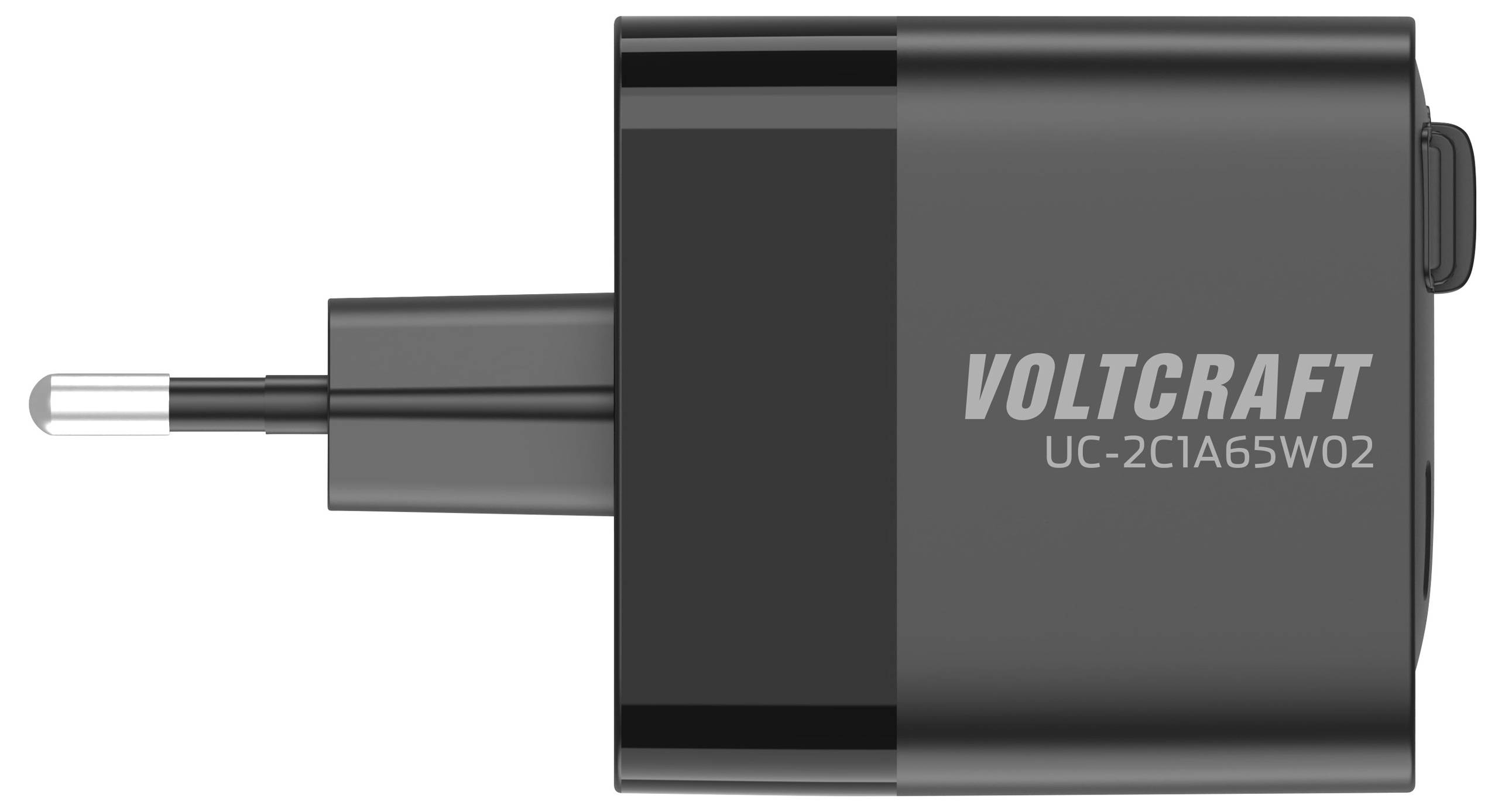 Kompaktní černá nabíječka značky Voltcraft, model UC-2C1A65W02, s eurozástrčkou pro rychlé nabíjení.