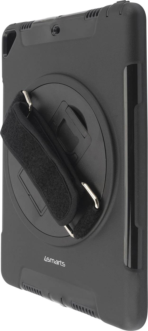 Černý obal na tablet s otočným držadlem a elastickým pásem pro bezpečné uchycení a pohodlné používání ve svislém i vodorovném formátu.