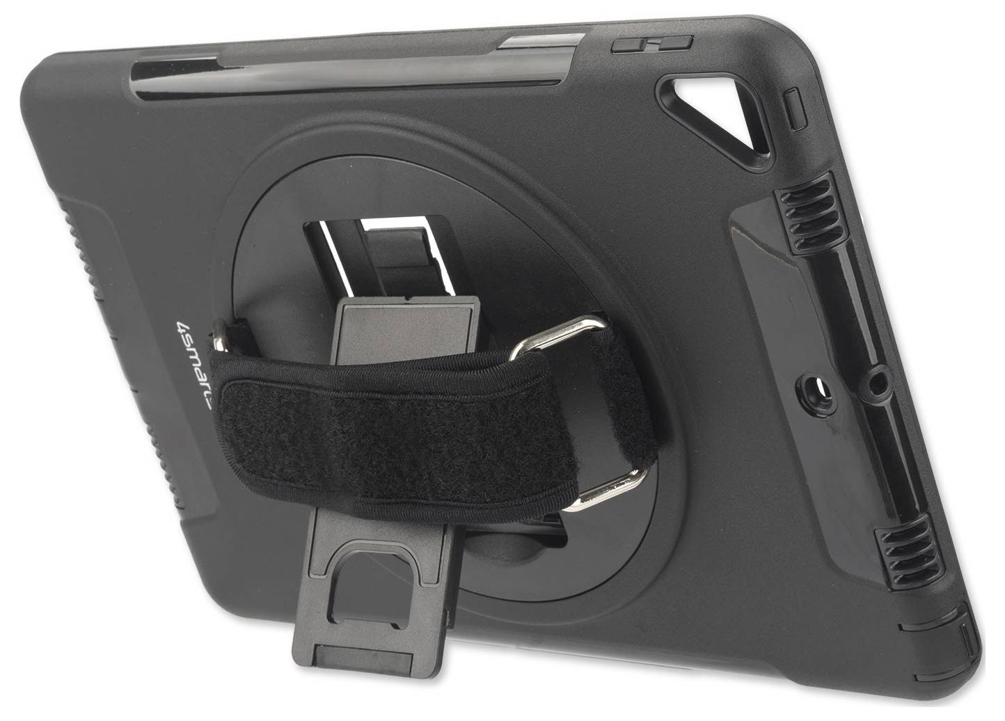 Robustní černý obal na tablet s otočnou rukojetí a integrovaným stojánkem, který umožňuje uživatelsky přívětivé držení a postavení.