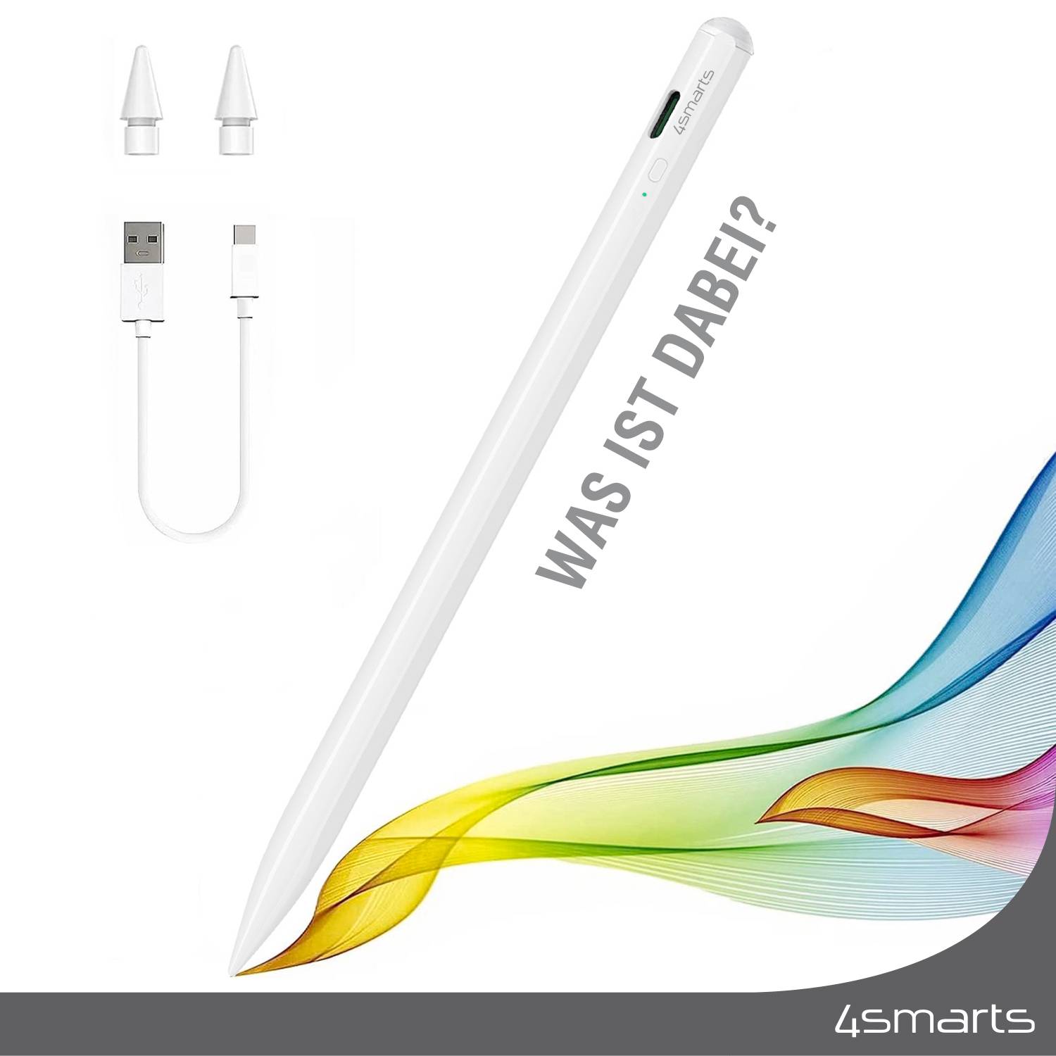 Stylus pero s USB-C kabelem a dvěma náhradními hroty. Barevný vlnový efekt dole vpravo. Nápis: "Co je v balení?"