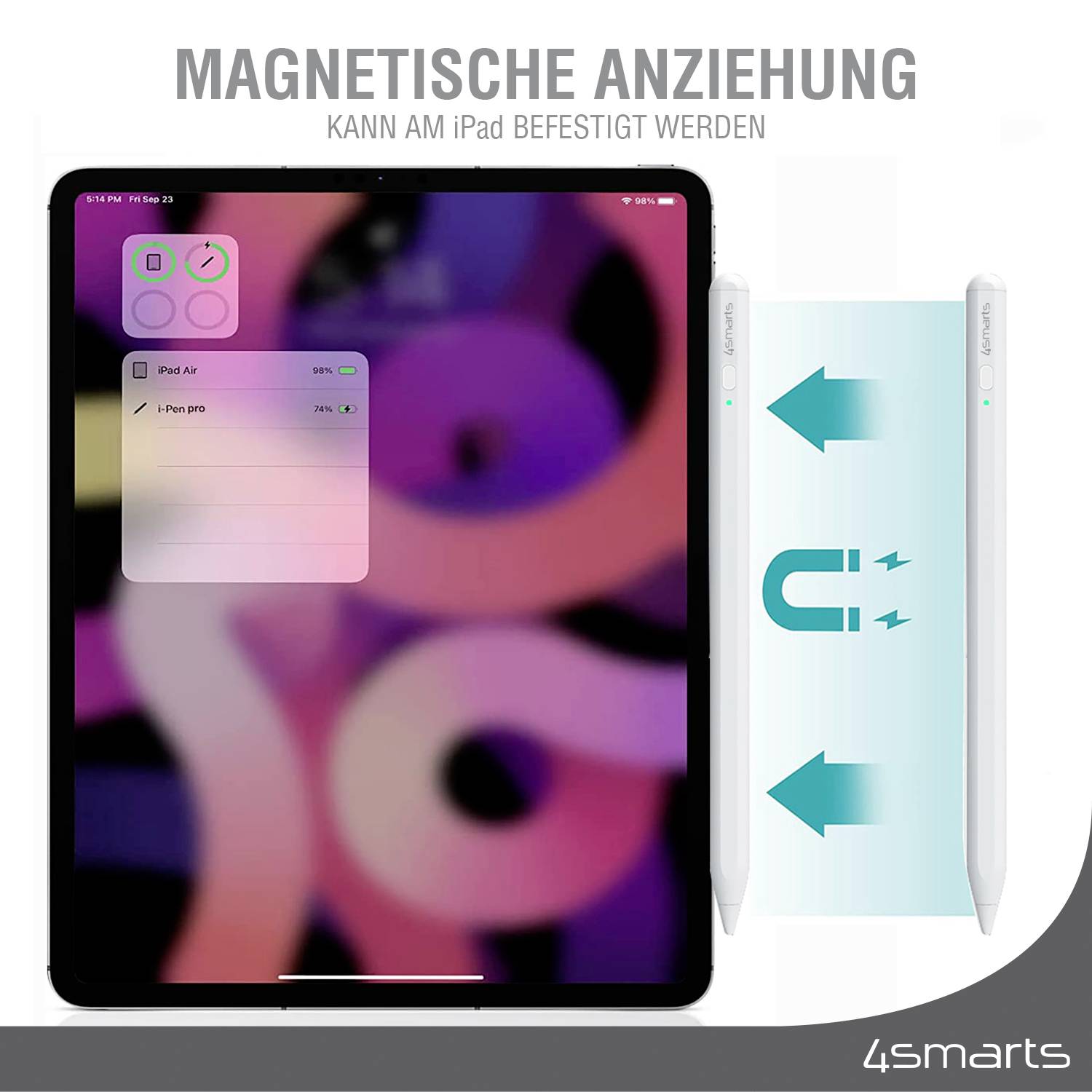 iPad s barevnou obrazovkou zobrazuje widget baterie. Vedle něj magnetické pero s pokyny pro připevnění k iPadu.
