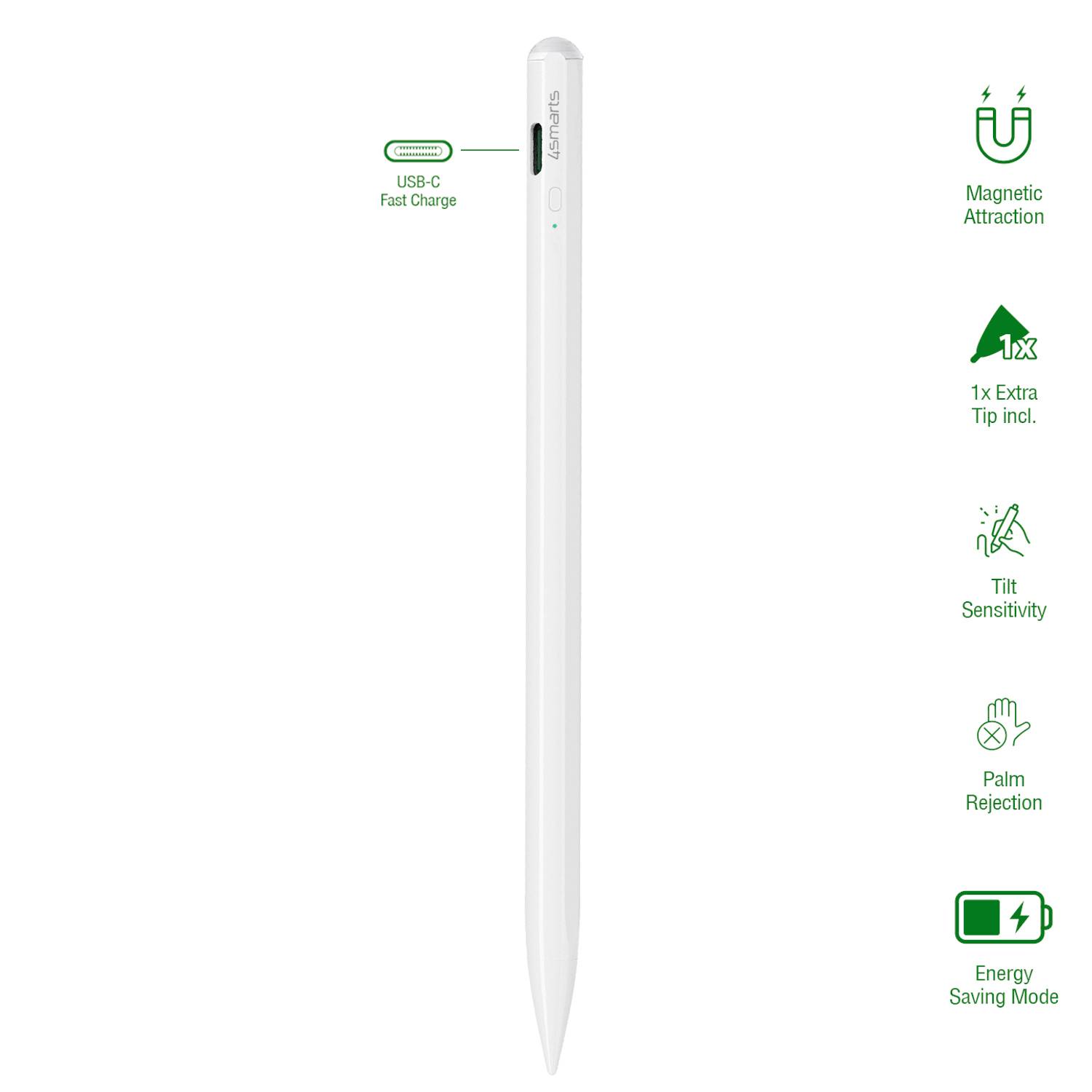 Bílé dotykové pero s rychlonabíjením přes USB-C, magnetickým uchycením, citlivostí na naklonění, rozpoznáním dlaně a úsporným režimem. Obsahuje náhradní hrot.