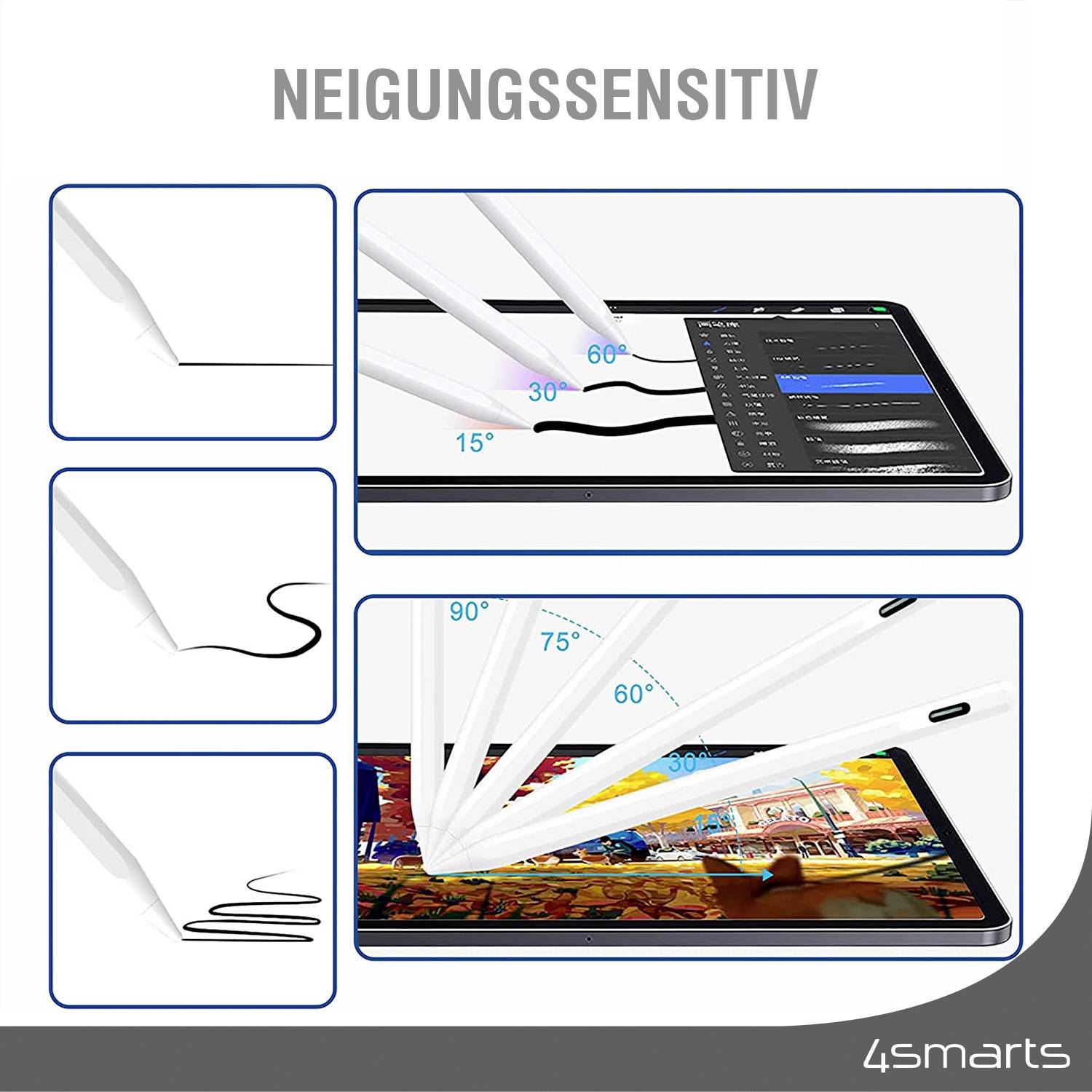Obrázek ukazuje tablet pero v různých úhlech náklonu (15°, 30°, 60°), což ovlivňuje šířku tahu na obrazovce.