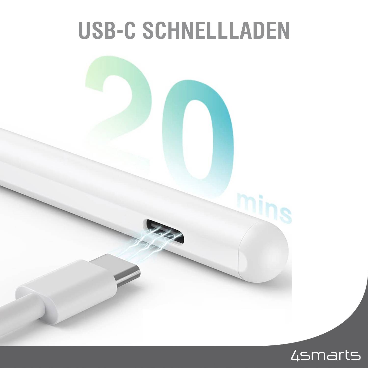 USB-C kabel se připojuje k elektronickému zařízení. Text uvádí: 'Rychlé nabíjení USB-C za 20 minut.' Funkce rychlého nabíjení je zvýrazněna.