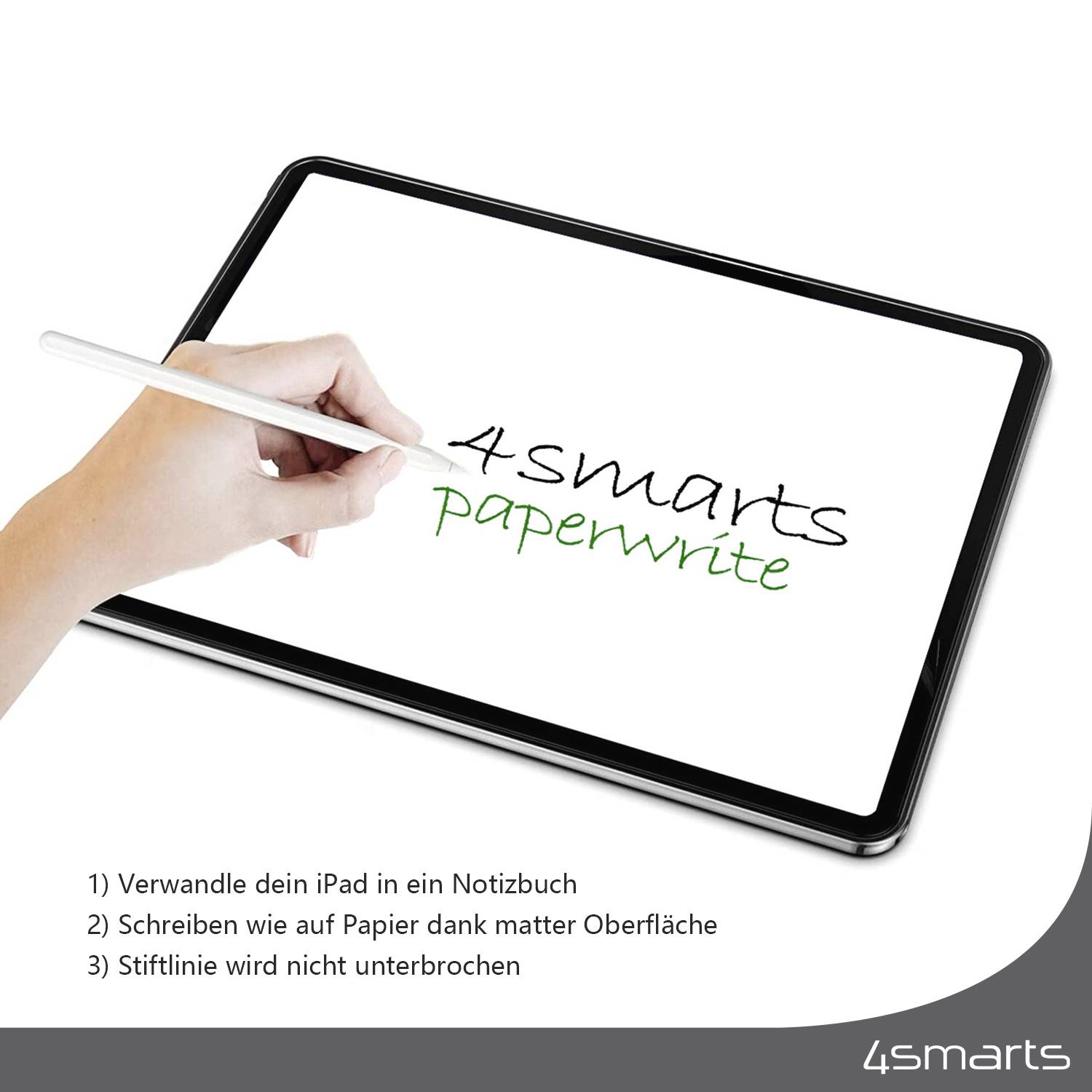 Tablet s digitálním perem, na kterém je napsáno '4smarts paperwrite'. Funkce: poznámkový blok, matný povrch, plynulé psaní.