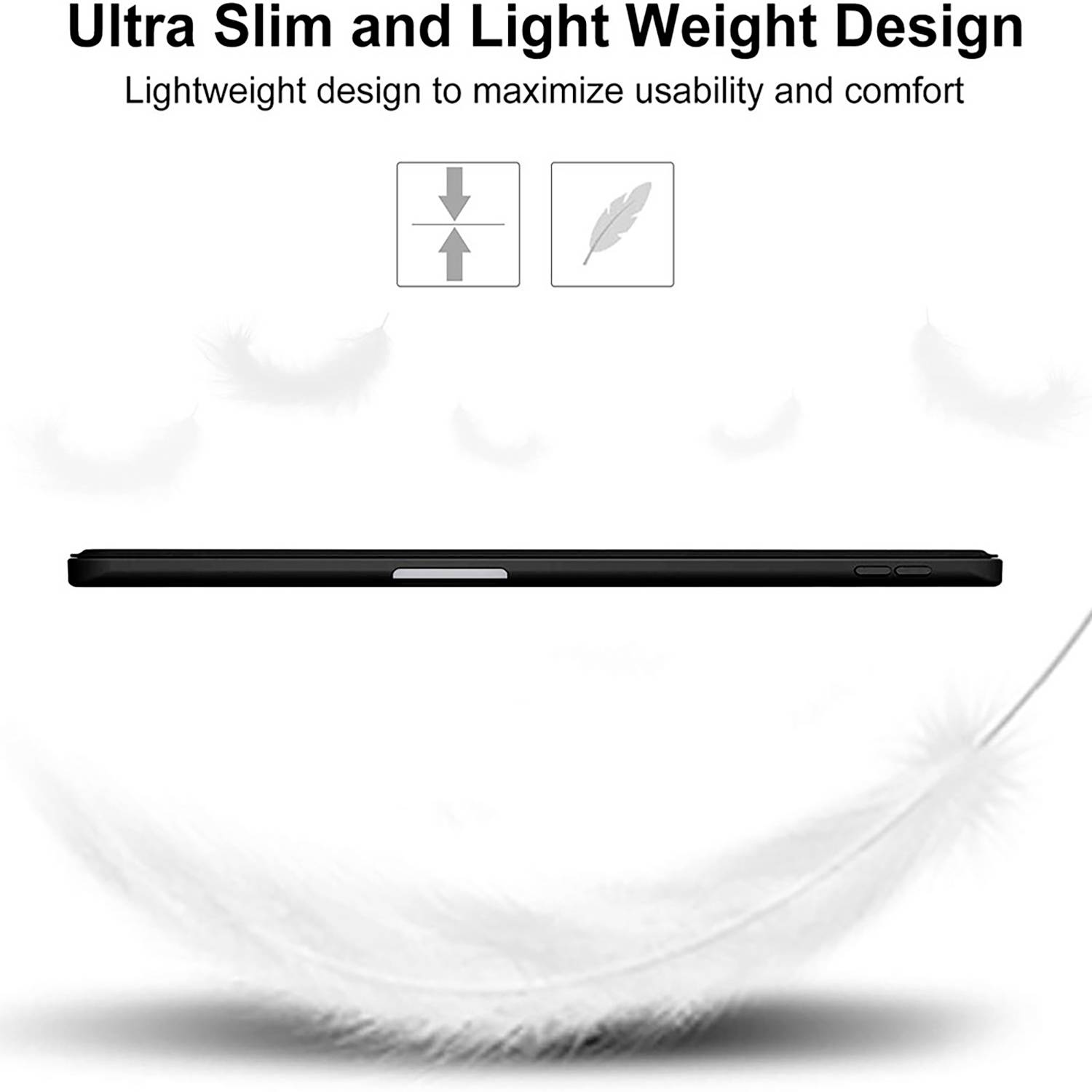 Tablet s ultra-tenkým a lehkým designem. Obrázek pera symbolizuje uživatelskou přívětivost a pohodlí.